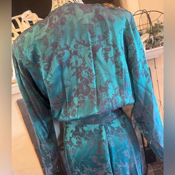 Teal Green Gray Floral Glam Dress Medium 6 8 Dolman Buttons Long Sleeve Silk - Picture 6 of 11